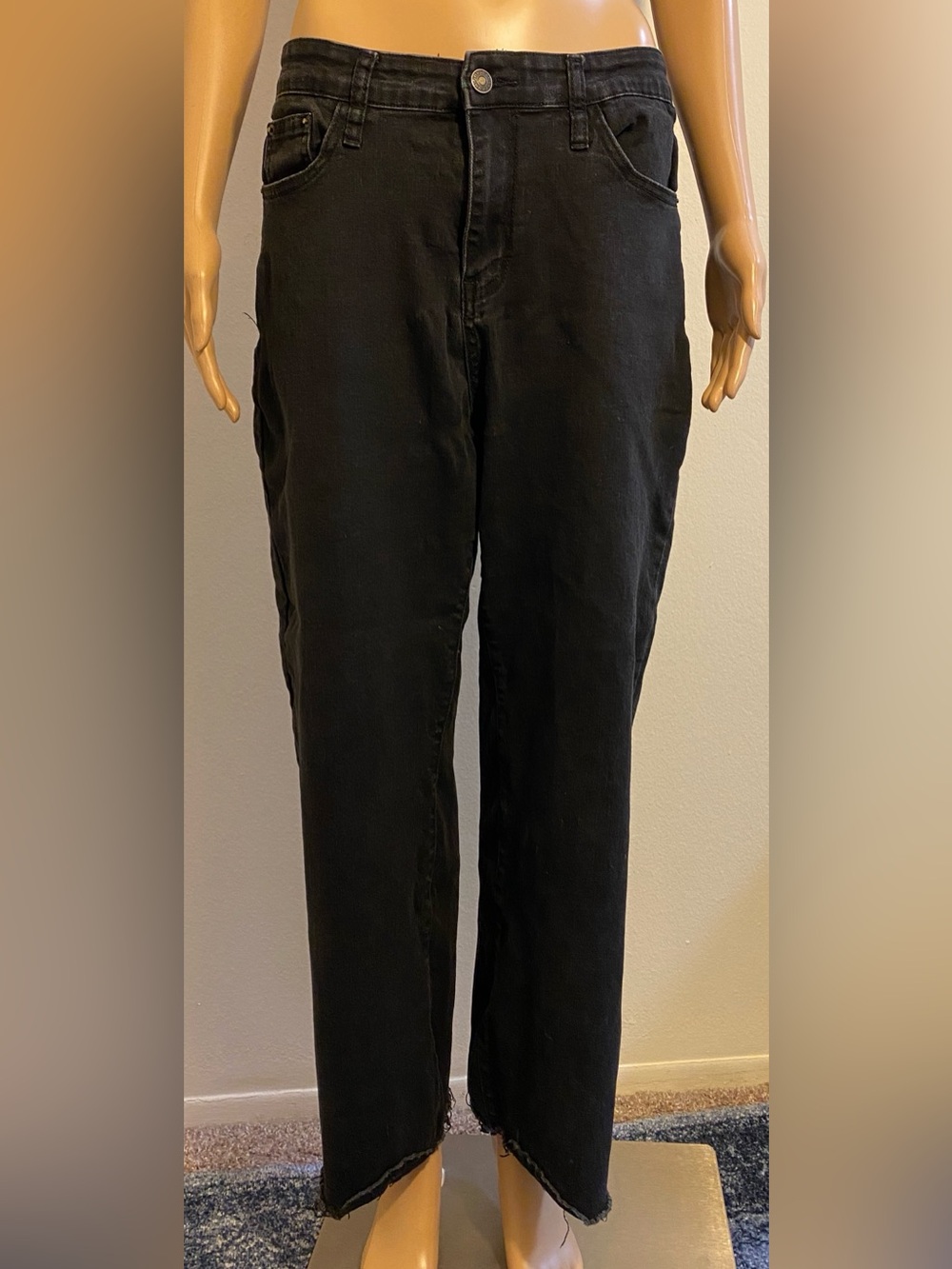 Women SHEIN Black High Waisted Jeans Wide Leg w/ Frayed Bottoms
